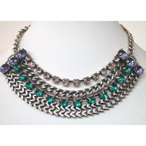 Vintage Silver-Tone Statement Necklace With Multicolor Rhinestones